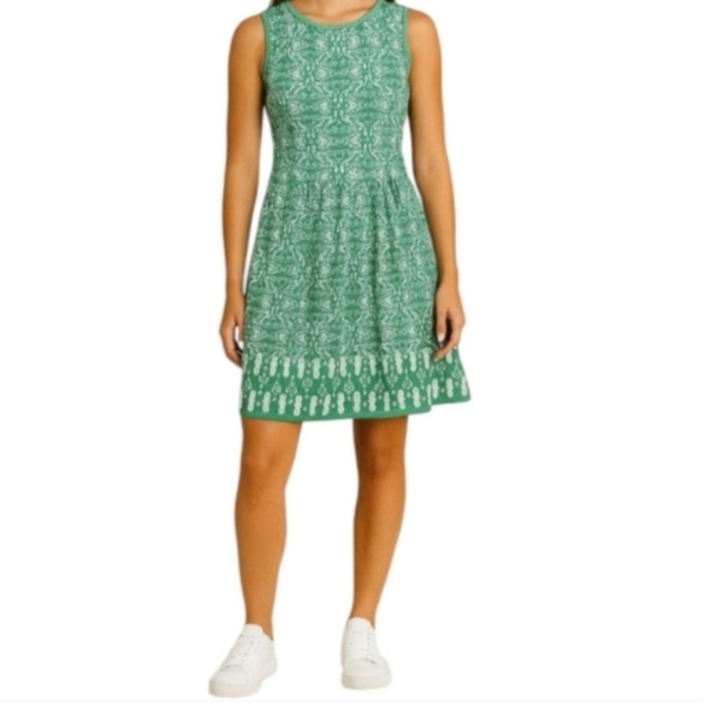 Sophie Max Kelly Green Floral Stripe Blue Fit Flare Sleeveless Swing Dress M - Picture 2 of 8